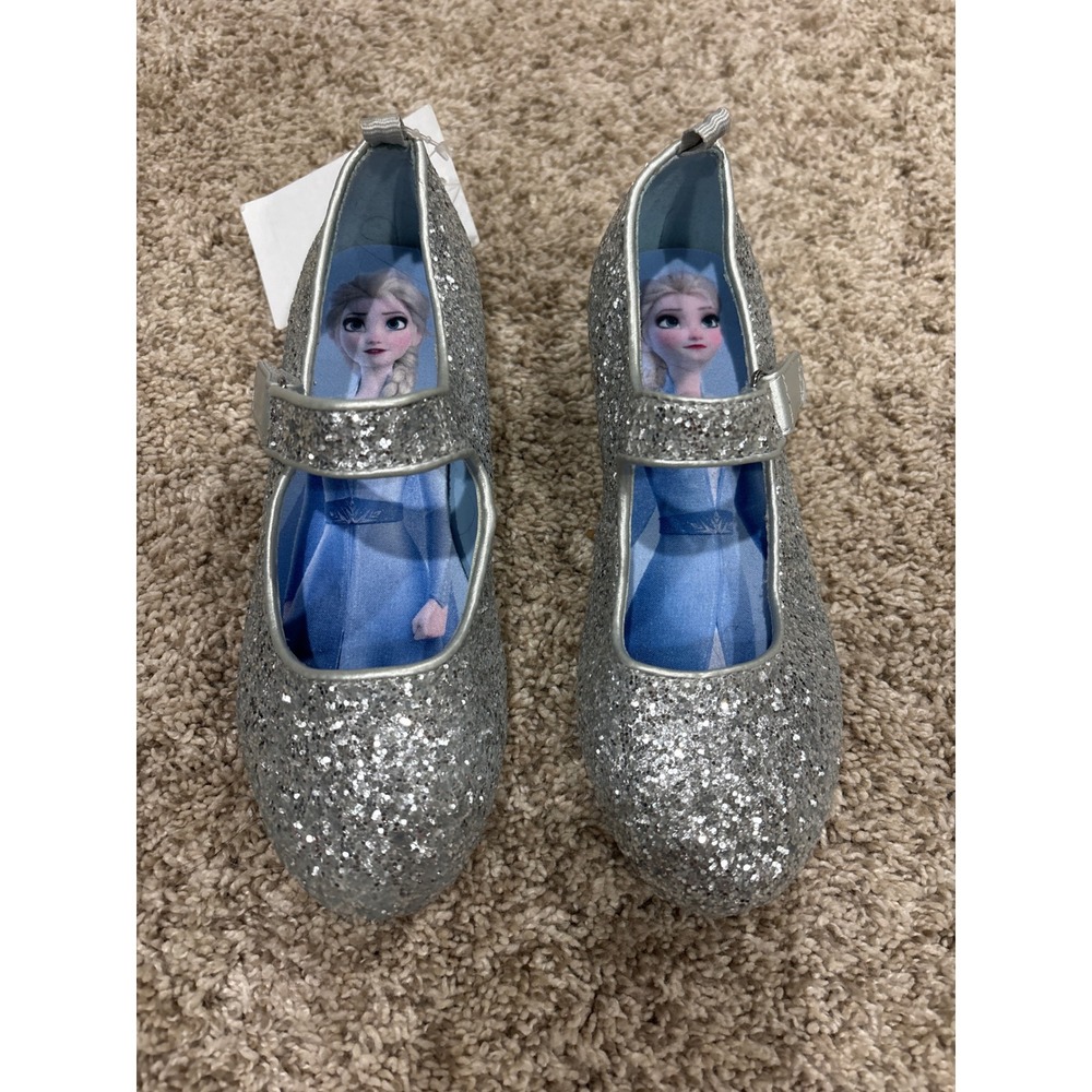 Disney Frozen Elsa Silver Glitter Mary Jane Block Heel Dress Shoes Kids Girls 12